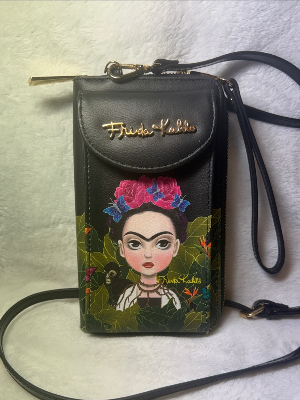 Black Frida Khalo Crossbody Phone Bag with Floral Portrait Print